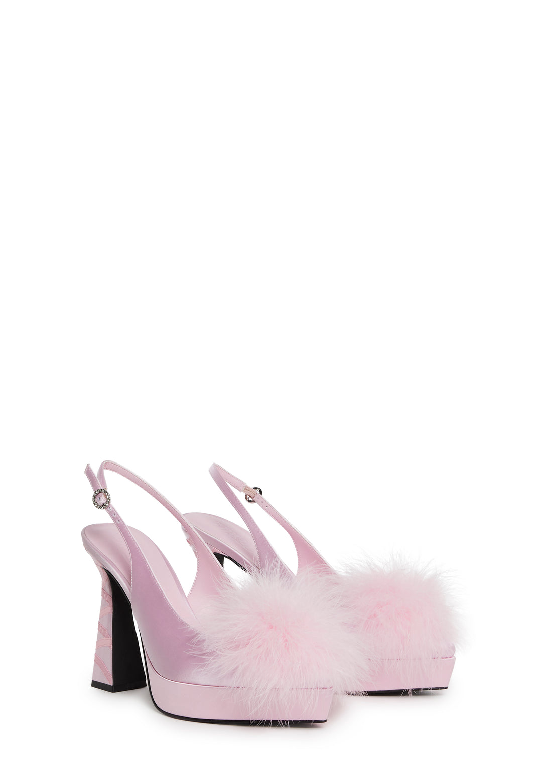 Satin Marabou Feather Ribbon Lace-Up Pointed Toe Heels Sugar Thrillz - Pink - Image 3