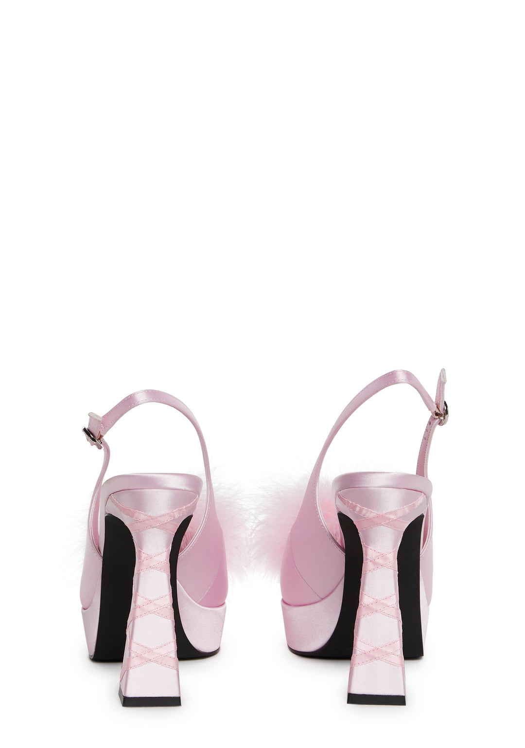 Satin Marabou Feather Ribbon Lace-Up Pointed Toe Heels Sugar Thrillz - Pink - Image 4