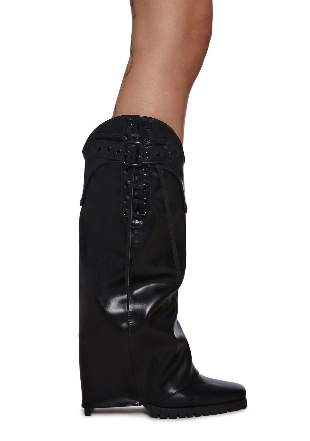 Shiny Vegan Leather Buckled Lace-Up Western Pant Boots - Black