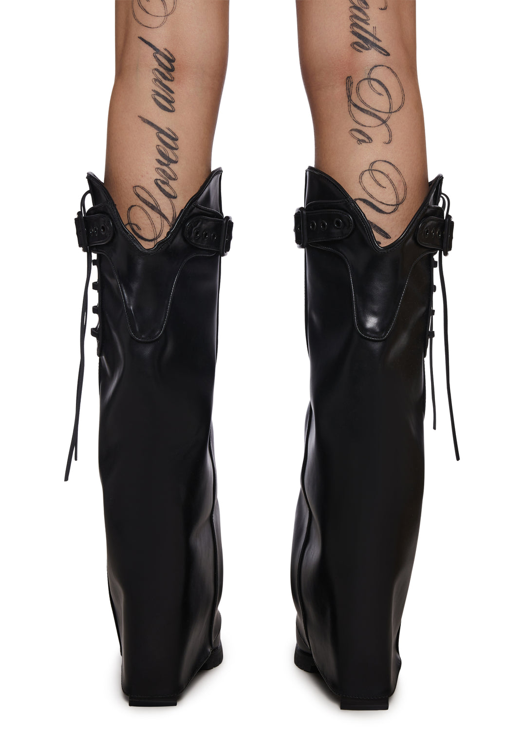 Shiny Vegan Leather Buckled Lace-Up Western Pant Boots - Black - Image 4
