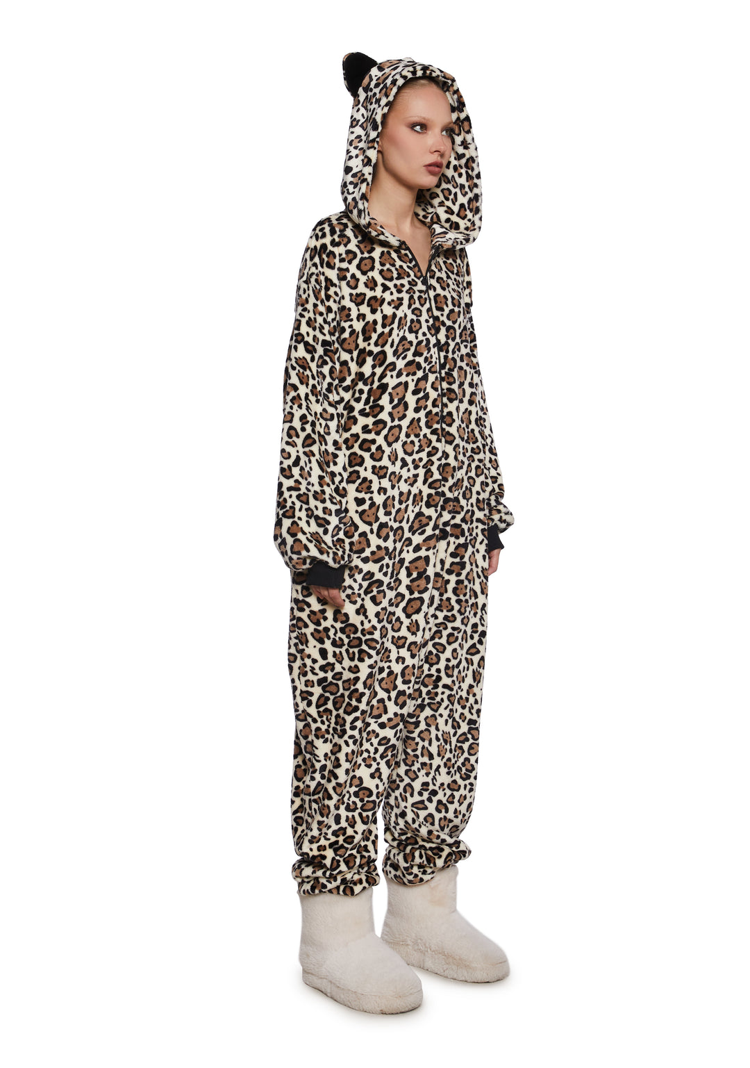 Plush Velour Leopard Print Hooded Zippered Jumpsuit Current Mood - Leopard - Image 4