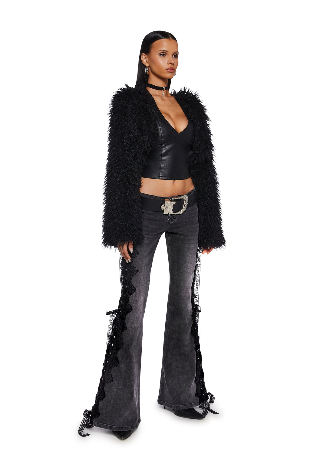 Washed Lace Lace-Up Flare Jeans Current Mood - Gray - Image 2