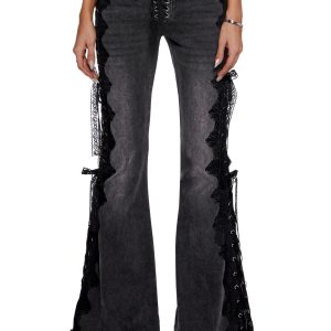 Washed Lace Lace-Up Flare Jeans Current Mood - Gray