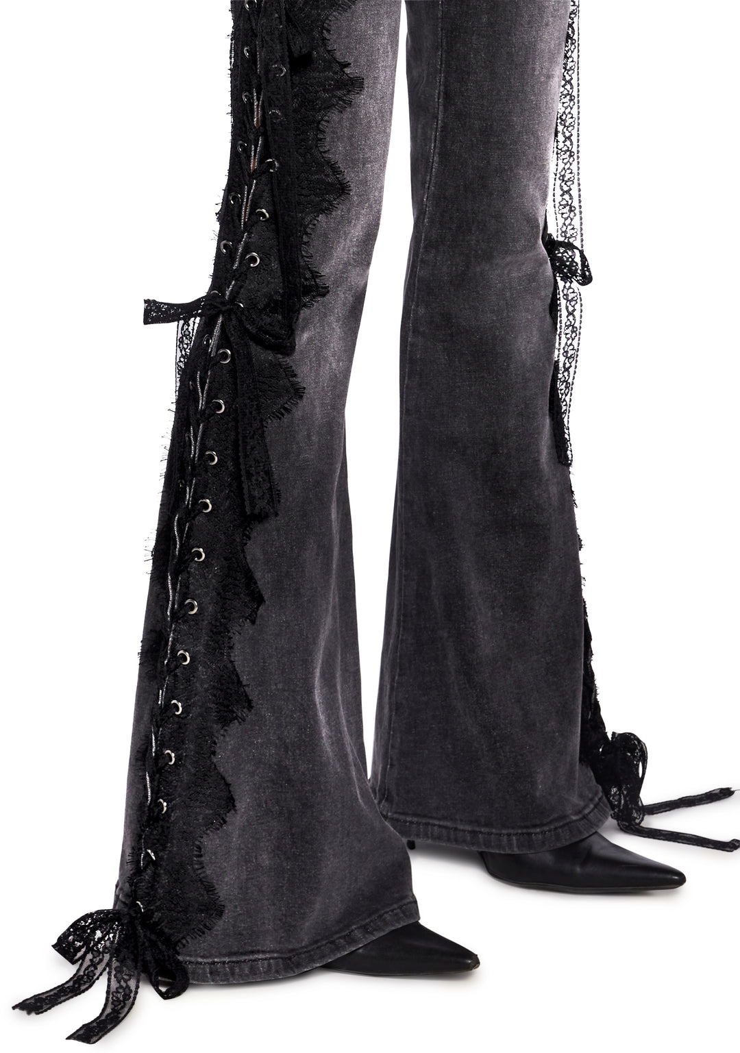 Washed Lace Lace-Up Flare Jeans Current Mood - Gray - Image 5