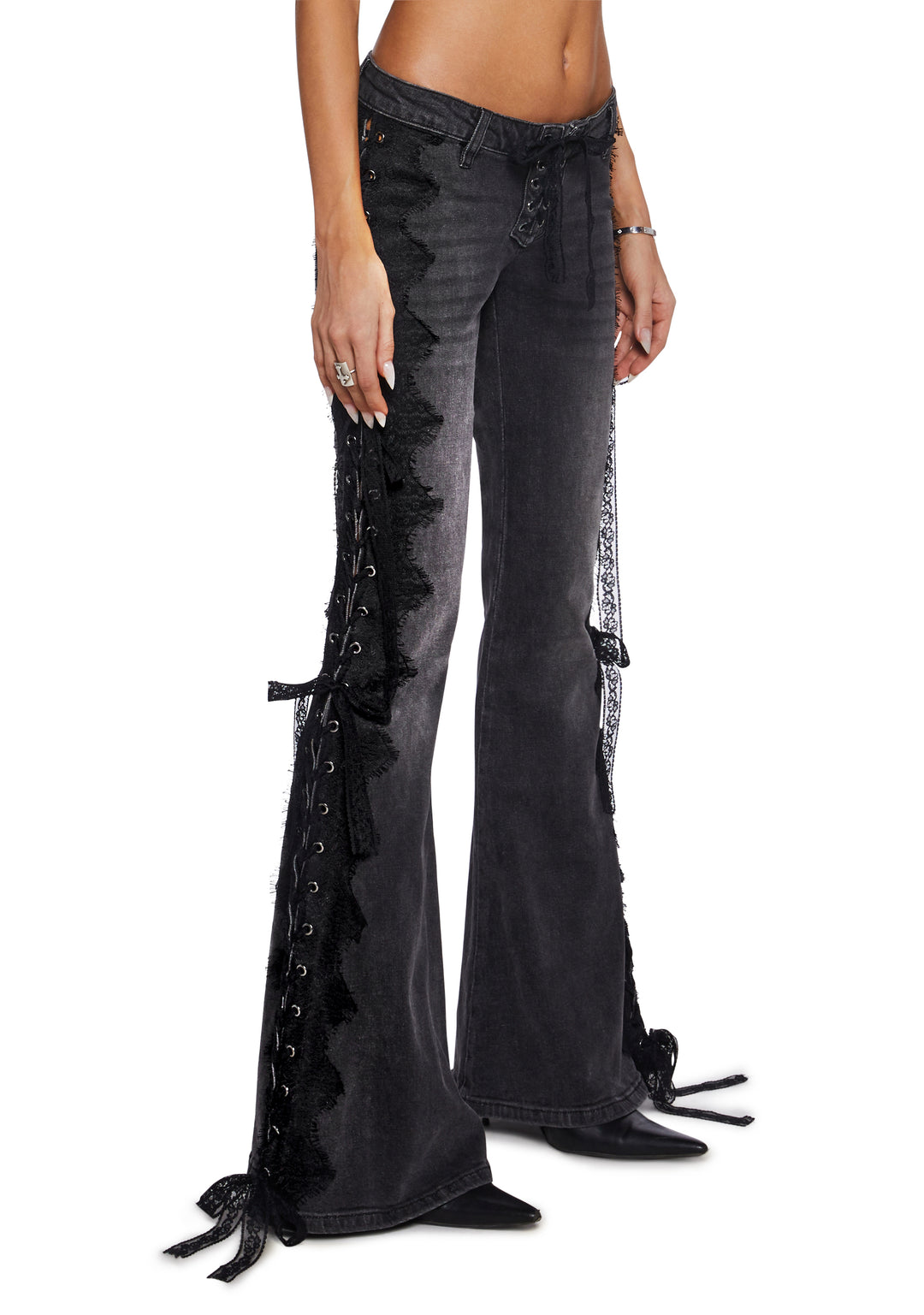 Washed Lace Lace-Up Flare Jeans Current Mood - Gray - Image 3