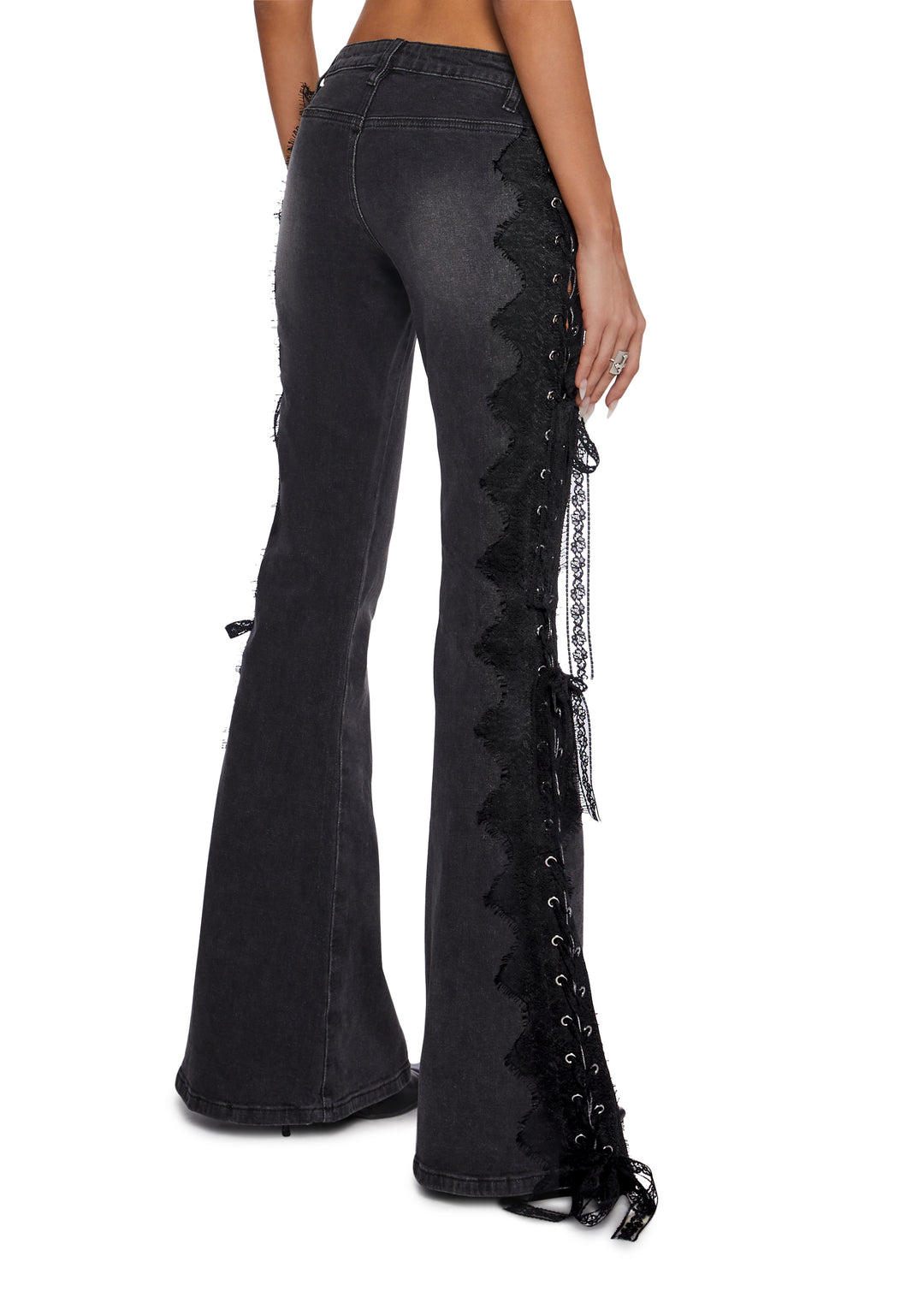 Washed Lace Lace-Up Flare Jeans Current Mood - Gray - Image 4