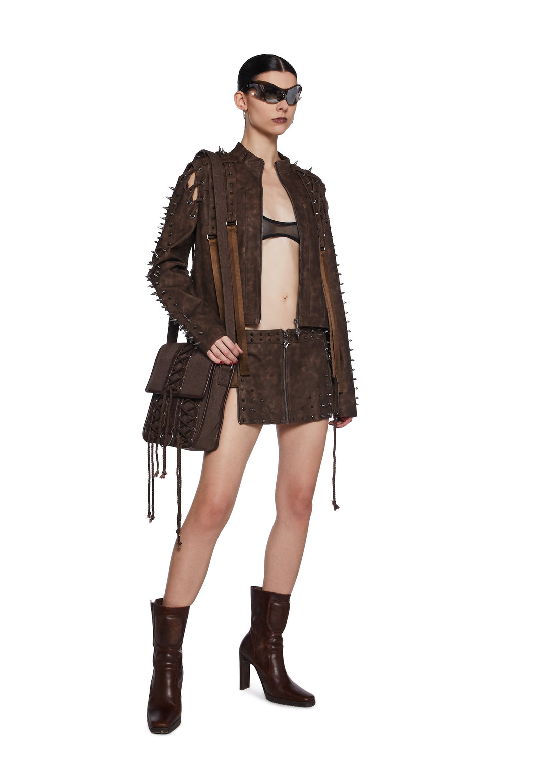 Washed Distressed Lace-Up Messenger Crossbody Bag Darker Wavs - Dark Brown - Image 6