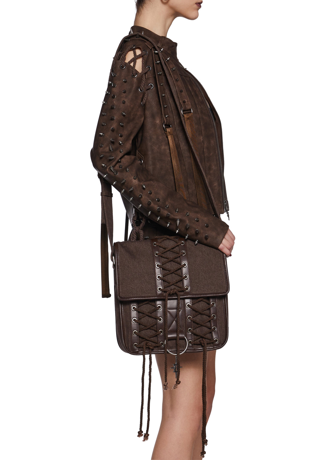 Washed Distressed Lace-Up Messenger Crossbody Bag Darker Wavs - Dark Brown - Image 2
