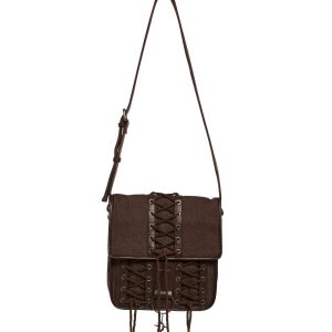 Washed Distressed Lace-Up Messenger Crossbody Bag Darker Wavs - Dark Brown