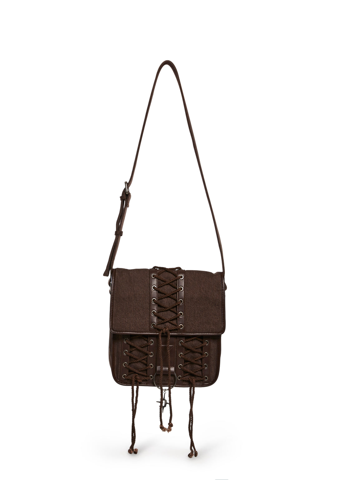 Washed Distressed Lace-Up Messenger Crossbody Bag Darker Wavs - Dark Brown