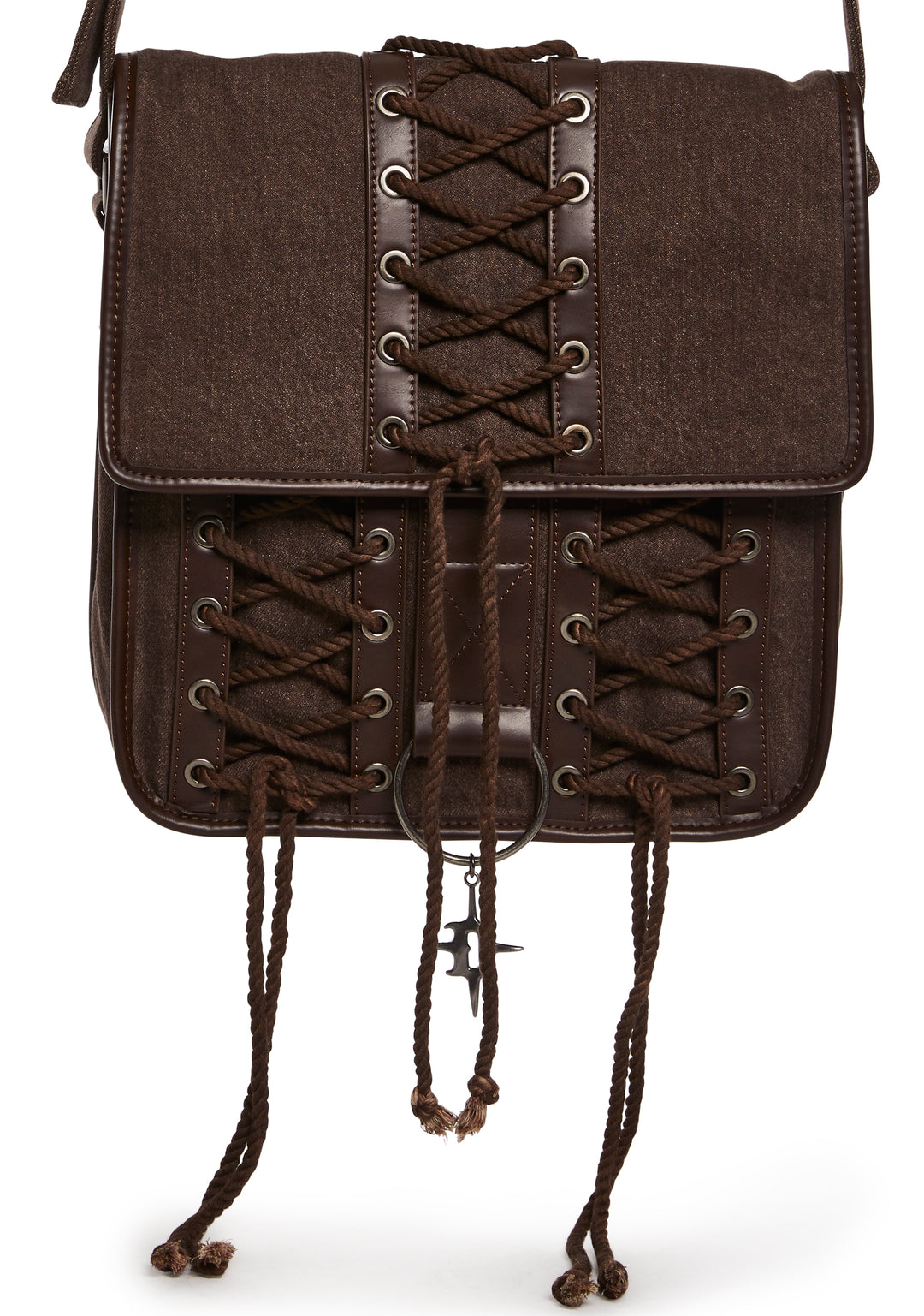 Washed Distressed Lace-Up Messenger Crossbody Bag Darker Wavs - Dark Brown - Image 5