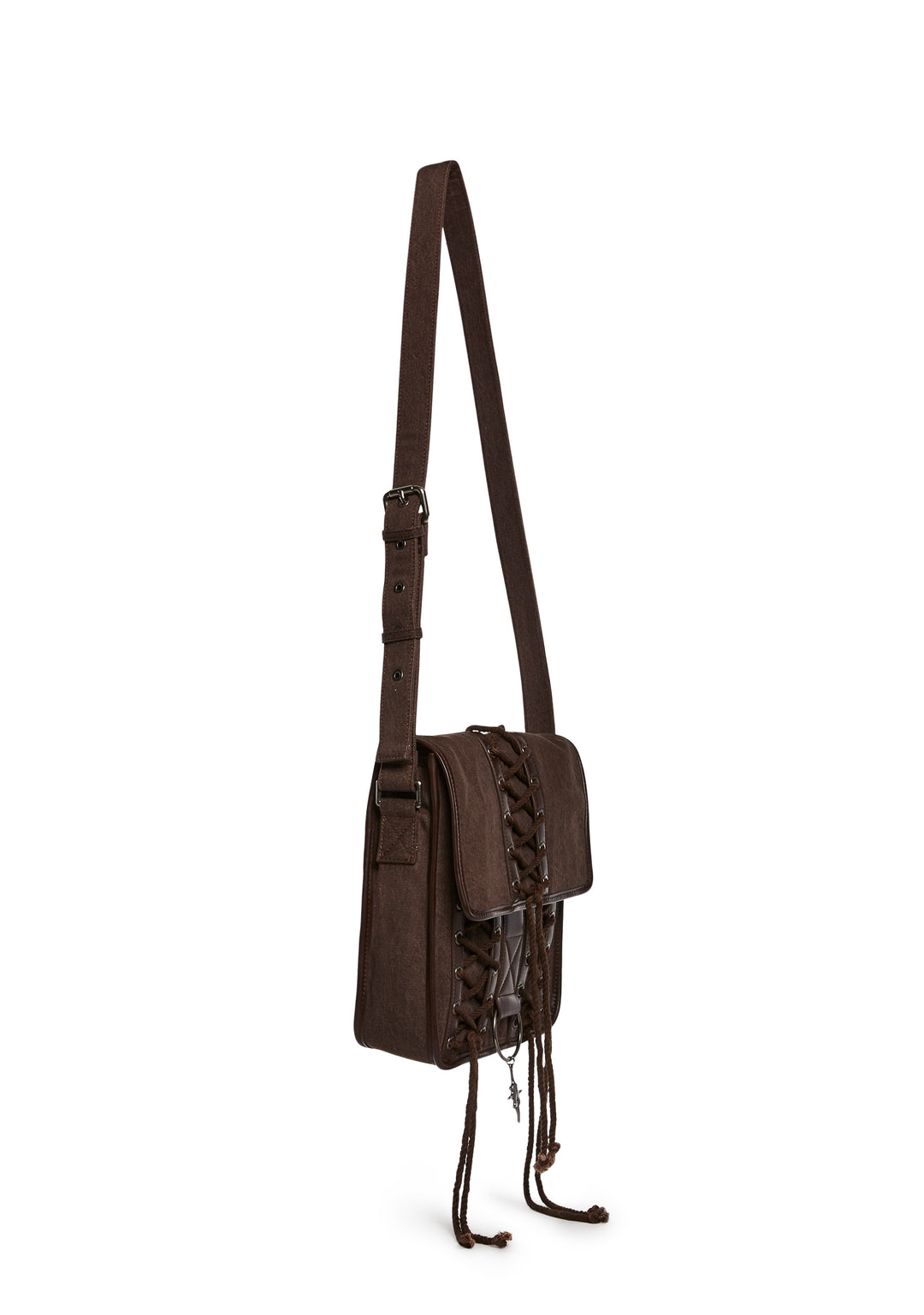 Washed Distressed Lace-Up Messenger Crossbody Bag Darker Wavs - Dark Brown - Image 3