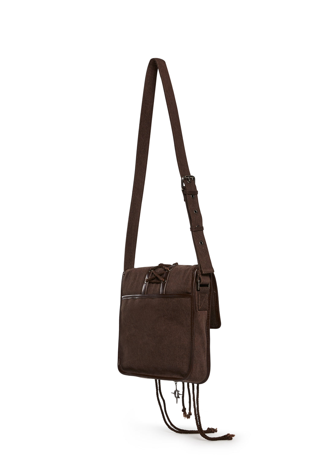 Washed Distressed Lace-Up Messenger Crossbody Bag Darker Wavs - Dark Brown - Image 4