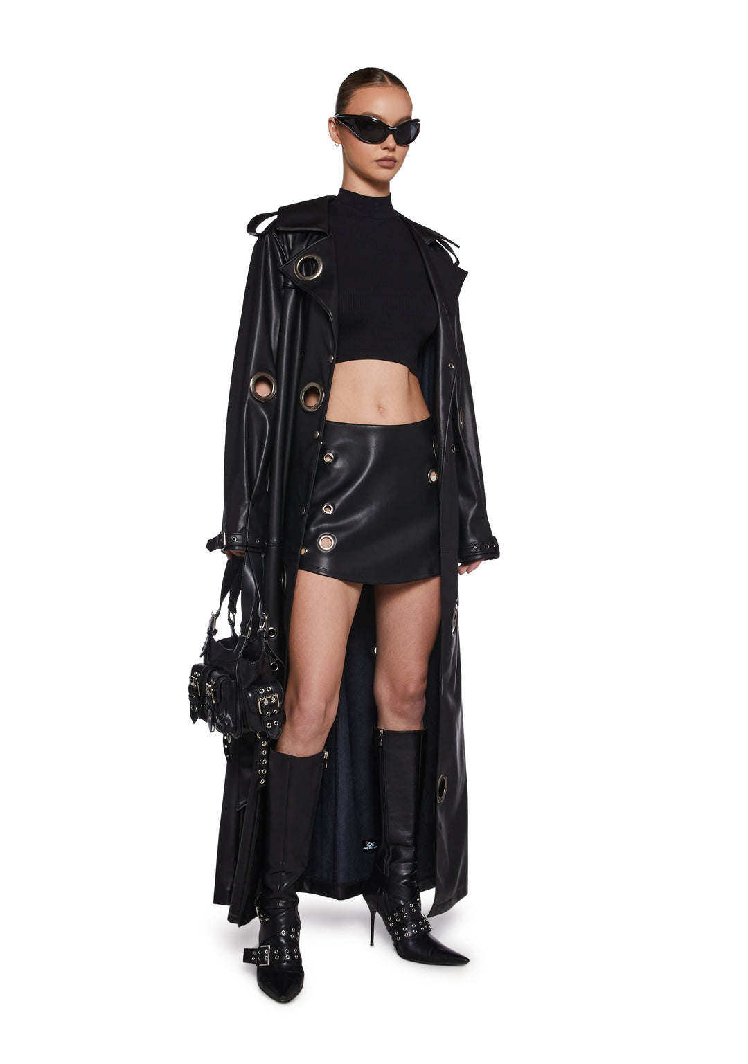 Womens Sexy Vegan Leather Mini Skirt With Grommet Eyelet Cut Outs Poster Grl - Black - Image 5