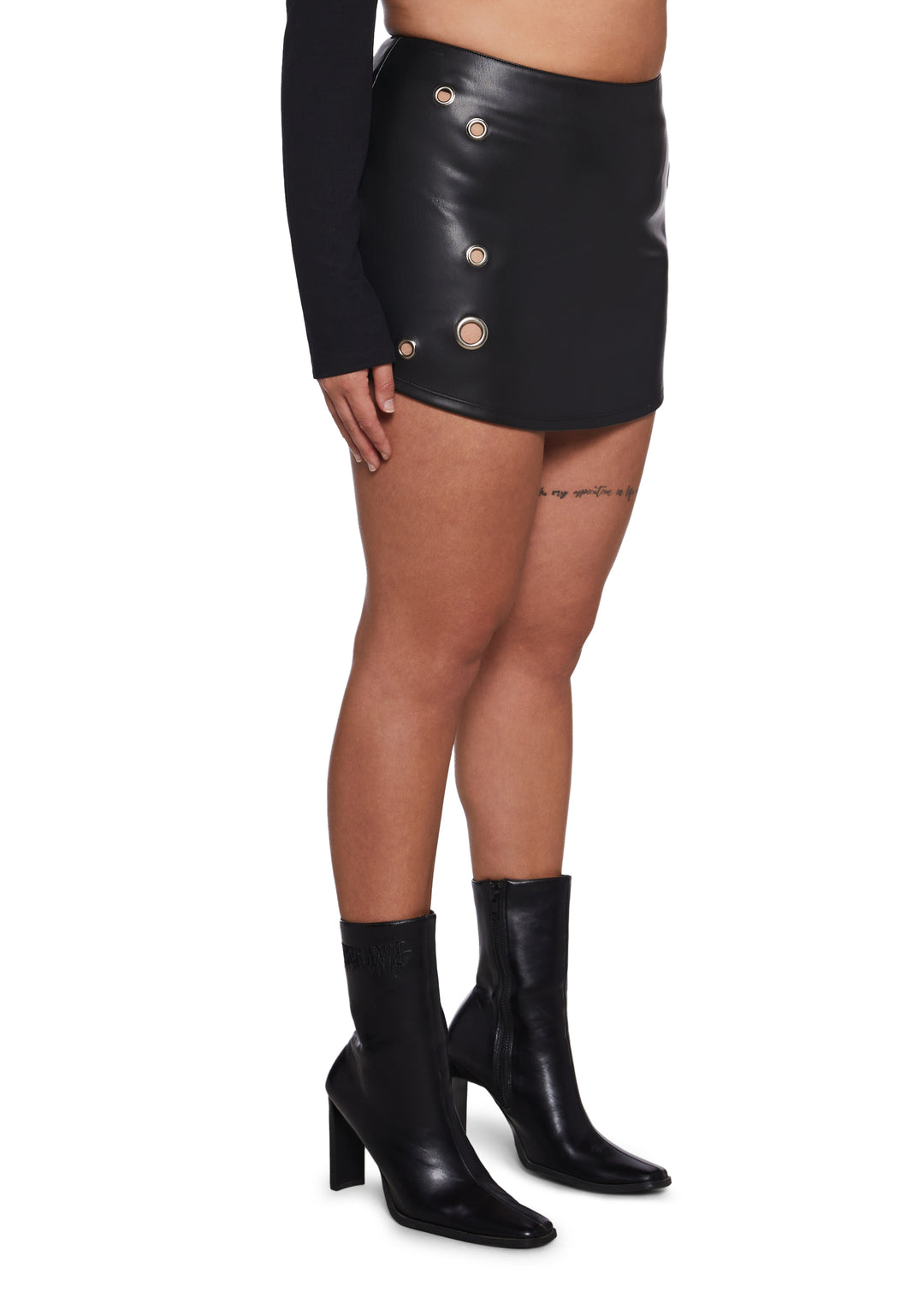 Womens Sexy Vegan Leather Mini Skirt With Grommet Eyelet Cut Outs Poster Grl - Black - Image 8