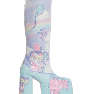 Vegan Leather Not So Funhouse Mutant Circus Knee High Platform Boots - Multi