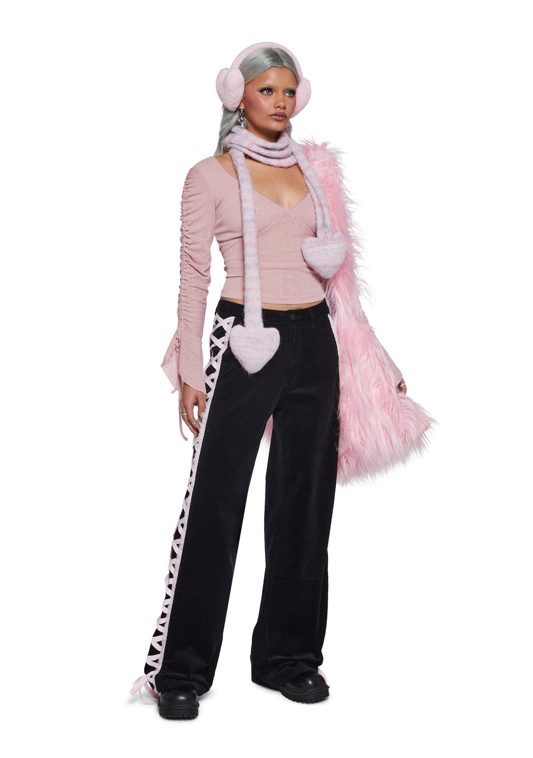 Womens Corduroy Pants With Ribbon Lace Up On The Sides Sugar Thrillz - Black - Image 2