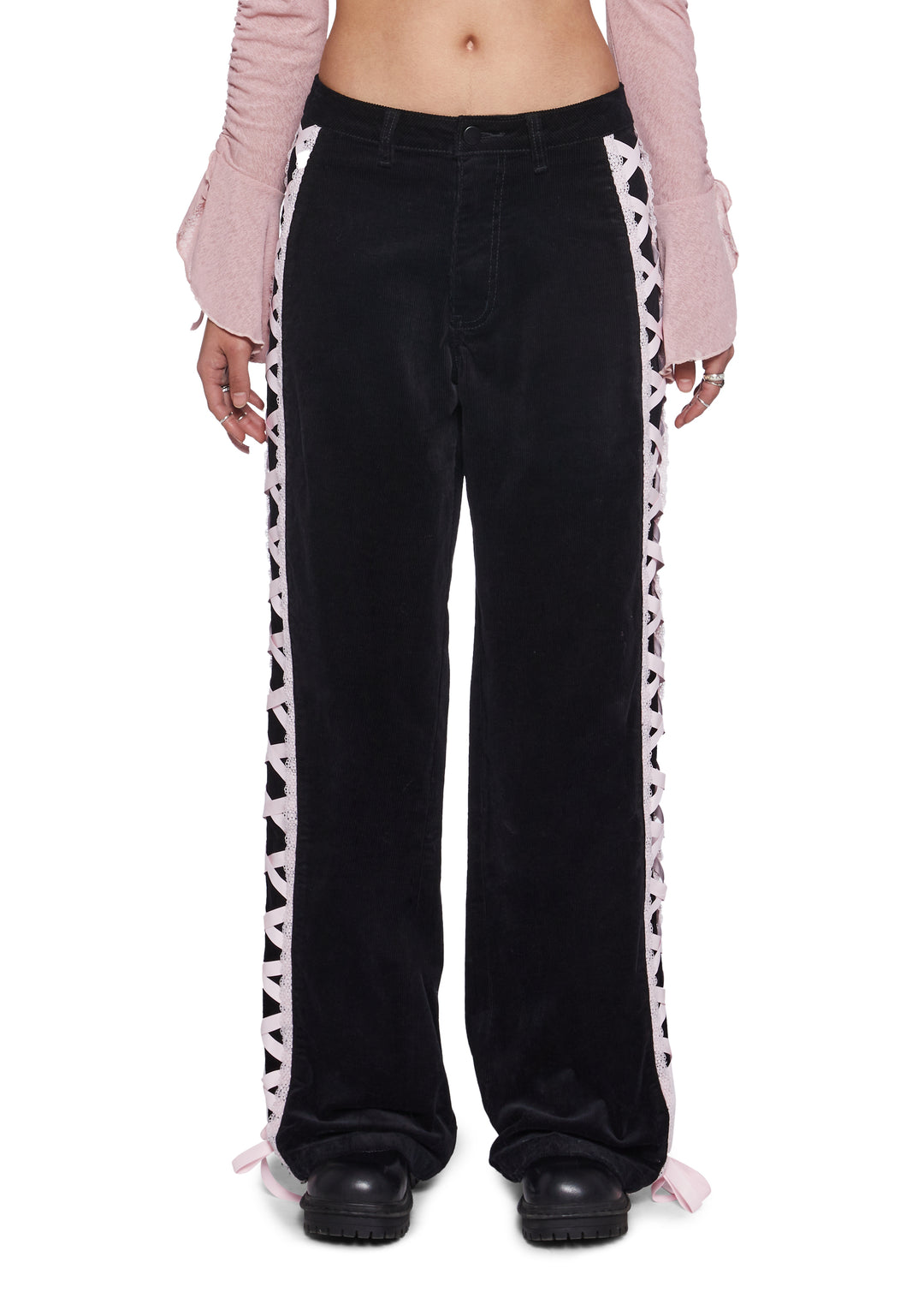 Womens Corduroy Pants With Ribbon Lace Up On The Sides Sugar Thrillz - Black - Image 3