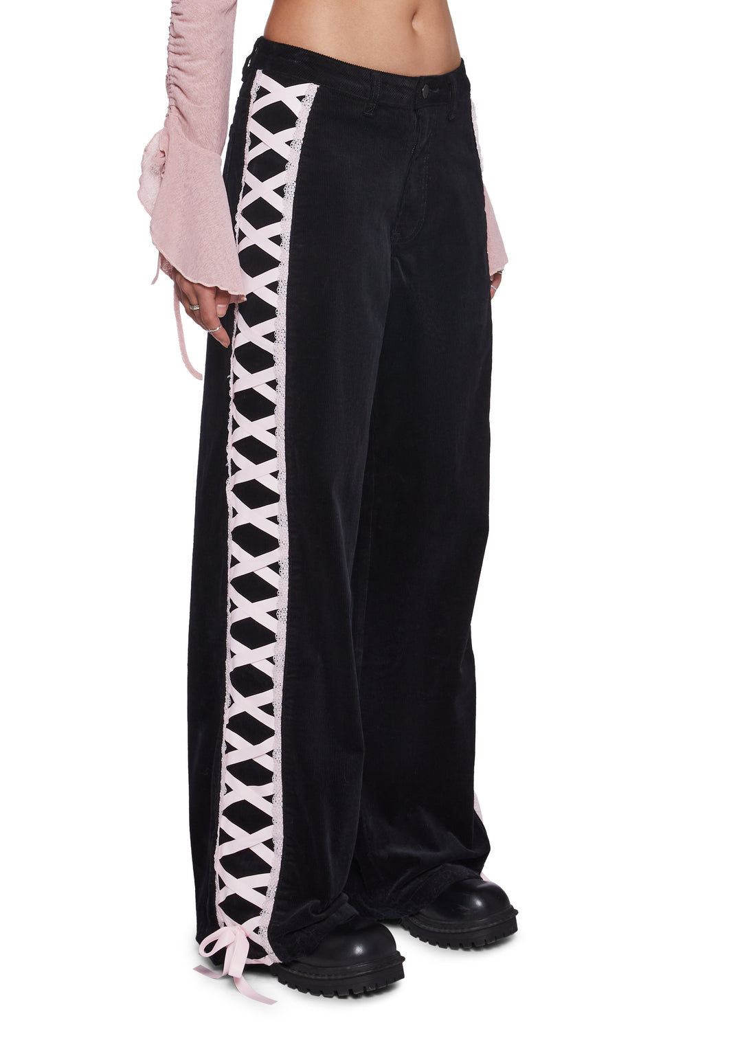 Womens Corduroy Pants With Ribbon Lace Up On The Sides Sugar Thrillz - Black