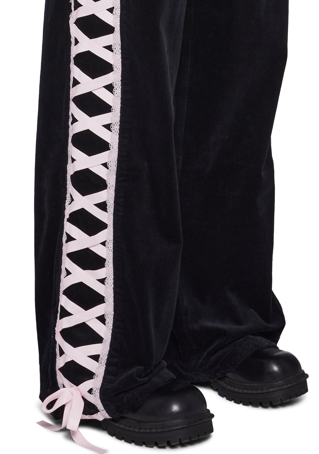 Womens Corduroy Pants With Ribbon Lace Up On The Sides Sugar Thrillz - Black - Image 6