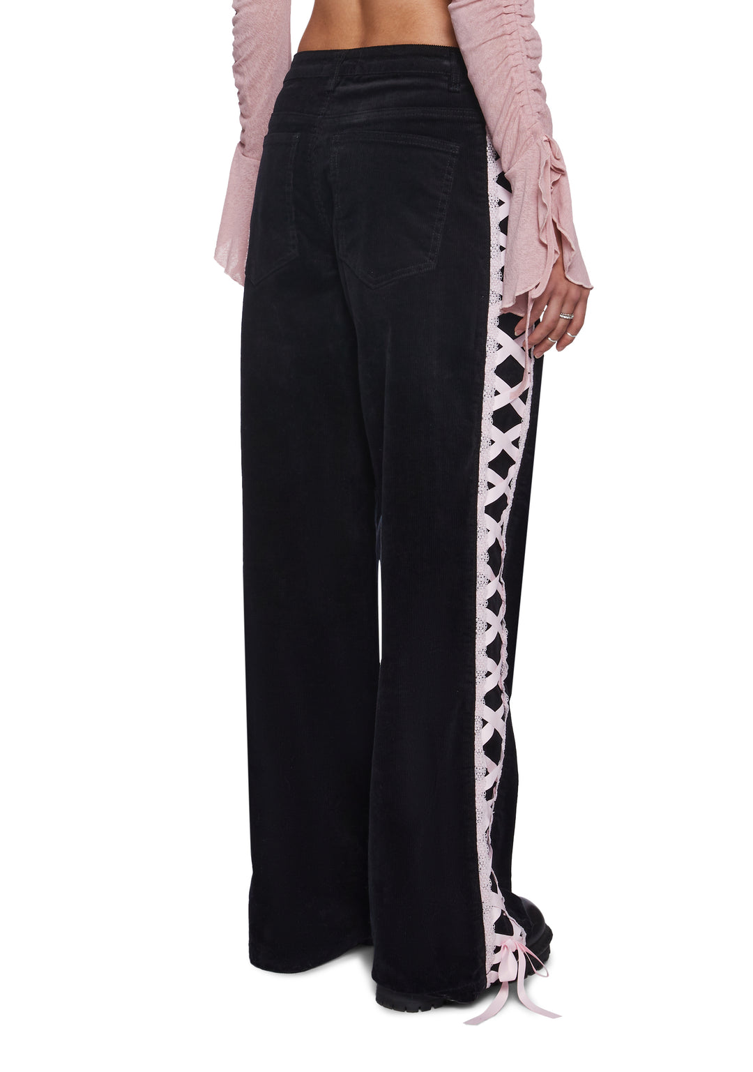 Womens Corduroy Pants With Ribbon Lace Up On The Sides Sugar Thrillz - Black - Image 4
