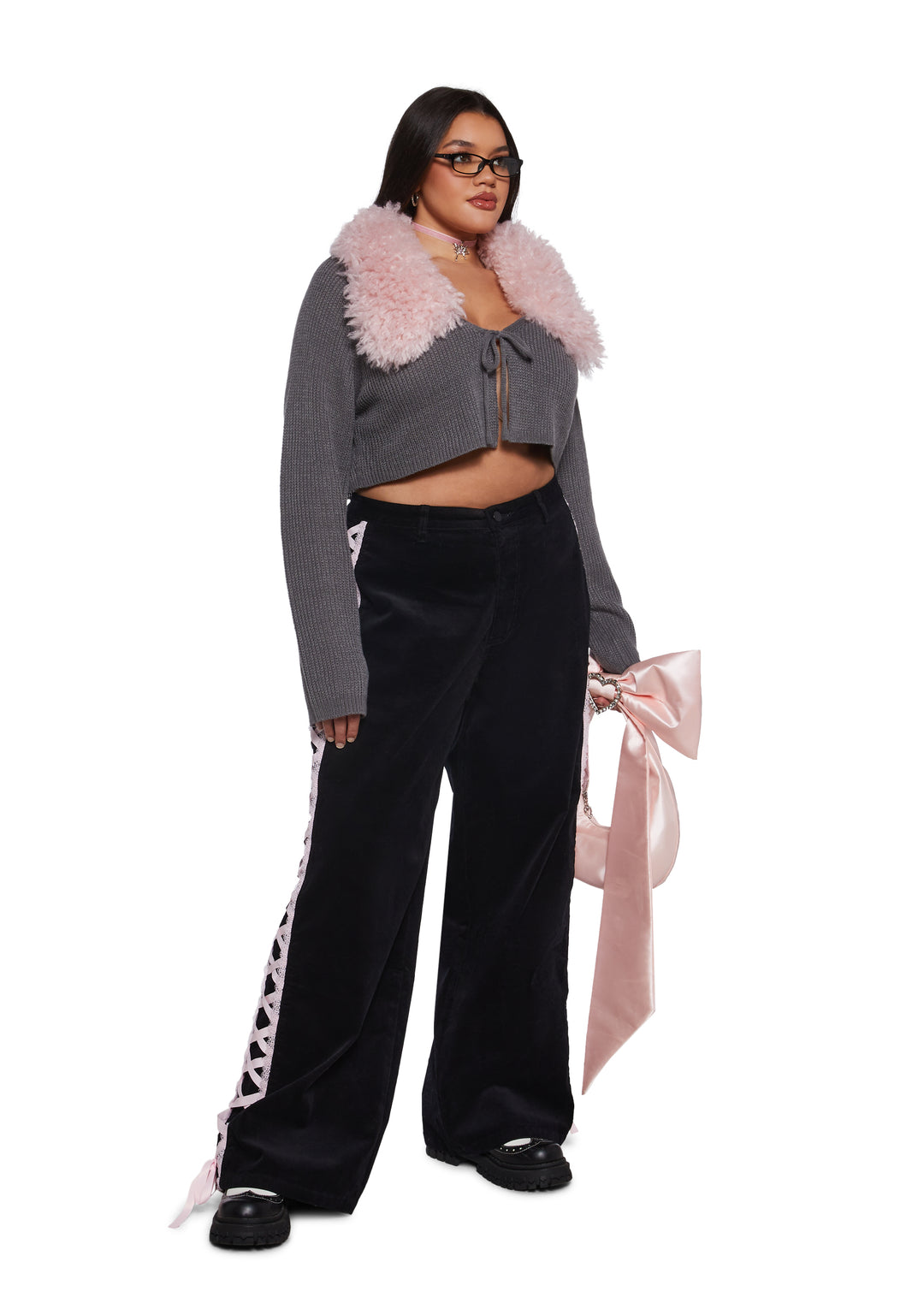 Womens Corduroy Pants With Ribbon Lace Up On The Sides Sugar Thrillz - Black - Image 9