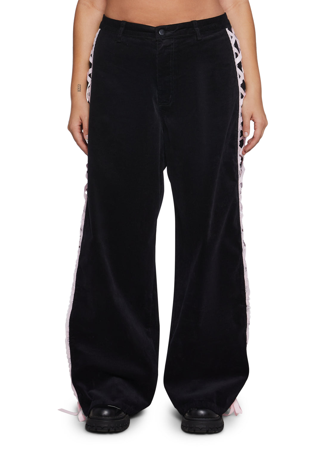 Womens Corduroy Pants With Ribbon Lace Up On The Sides Sugar Thrillz - Black - Image 5