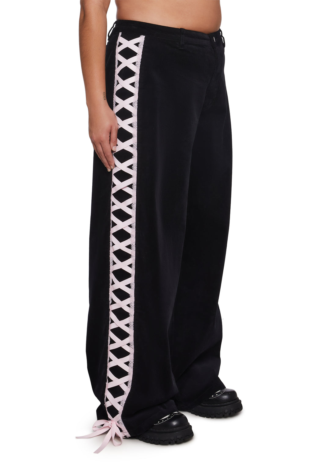 Womens Corduroy Pants With Ribbon Lace Up On The Sides Sugar Thrillz - Black - Image 7