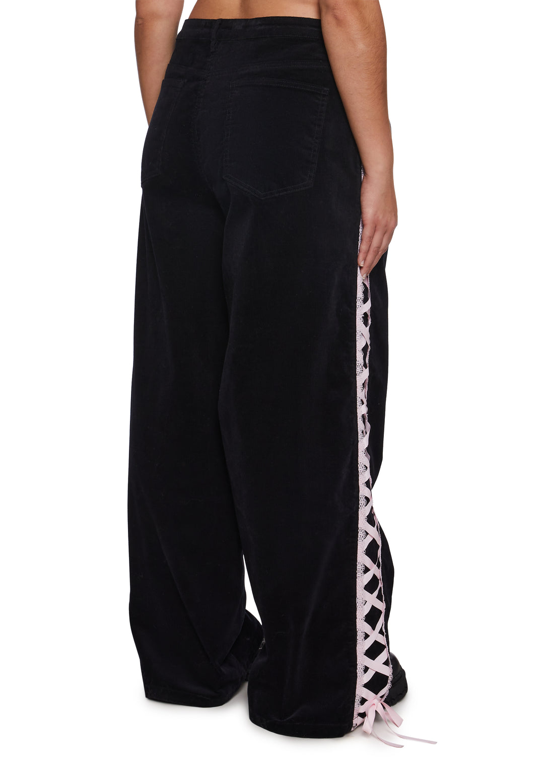 Womens Corduroy Pants With Ribbon Lace Up On The Sides Sugar Thrillz - Black - Image 8
