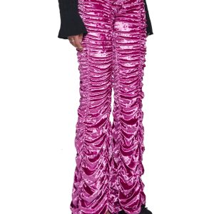 Stretchy Velour Ruched Bell Bottoms Sugar Thrillz - Pink