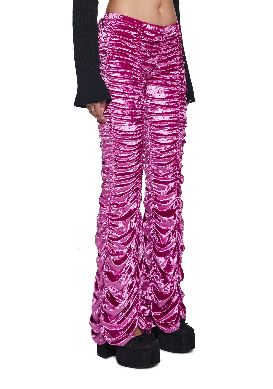 Stretchy Velour Ruched Bell Bottoms Sugar Thrillz - Pink
