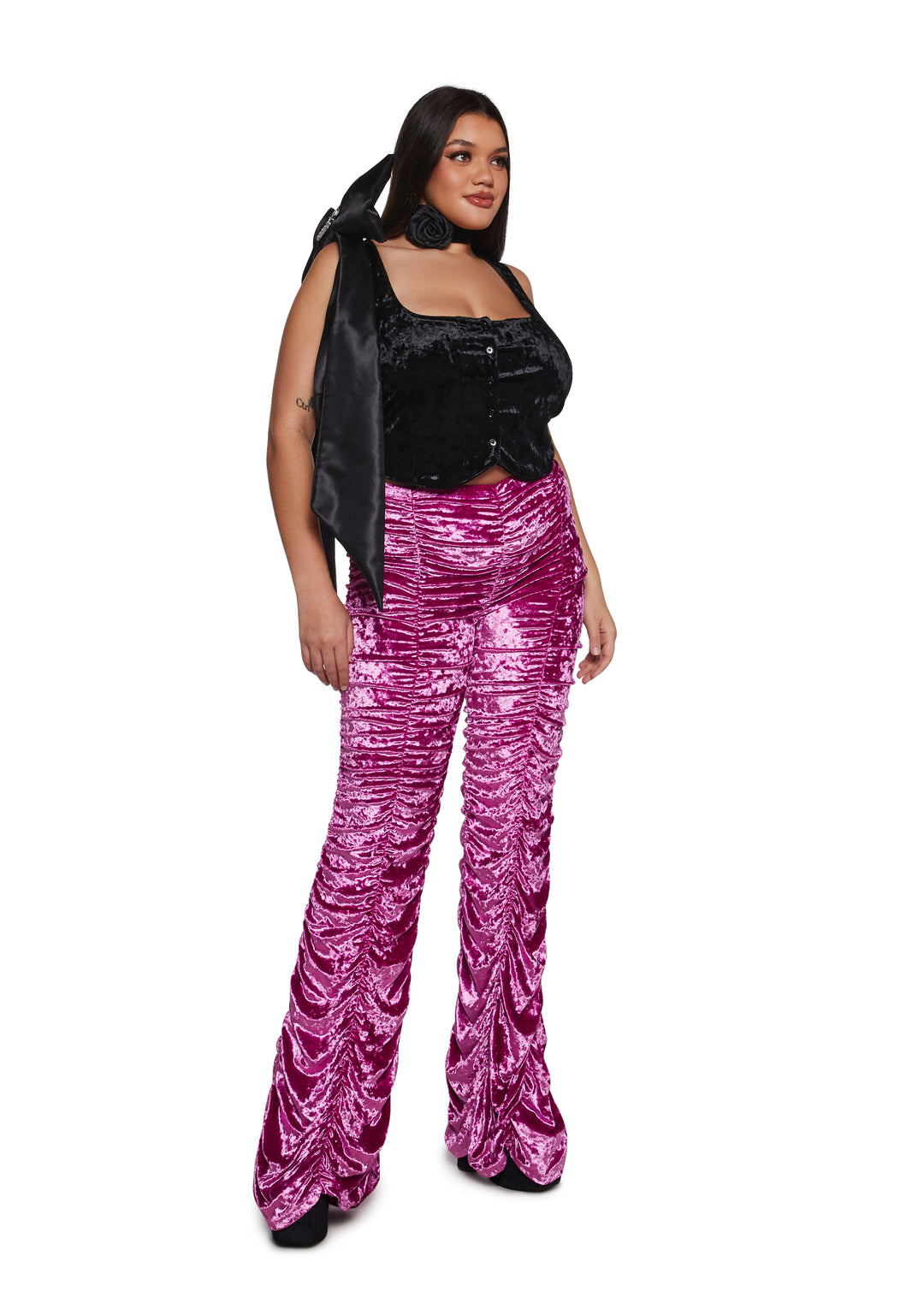 Stretchy Velour Ruched Bell Bottoms Sugar Thrillz - Pink - Image 10