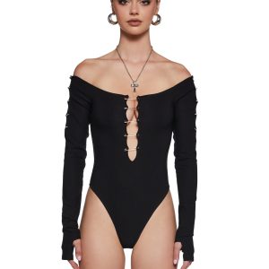 Stretchy Knit Off-The-Shoulder Cutout Safety Pin Long Sleeve Bodysuit Current Mood - Black