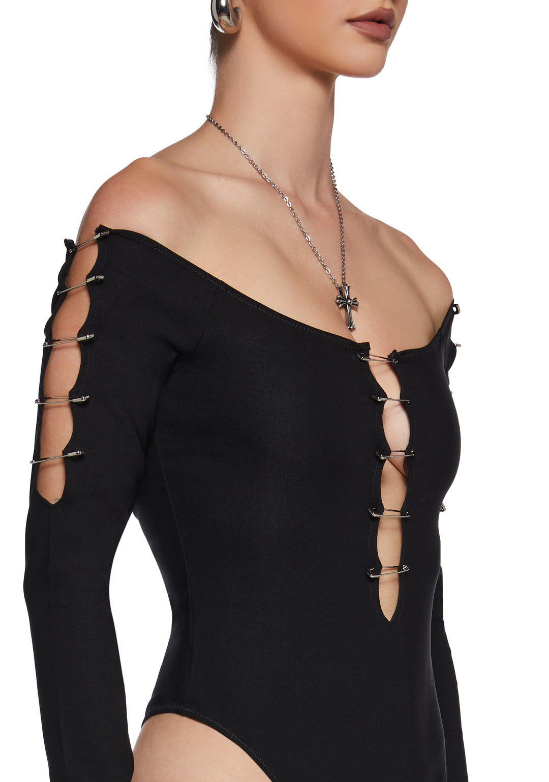 Stretchy Knit Off-The-Shoulder Cutout Safety Pin Long Sleeve Bodysuit Current Mood - Black - Image 5
