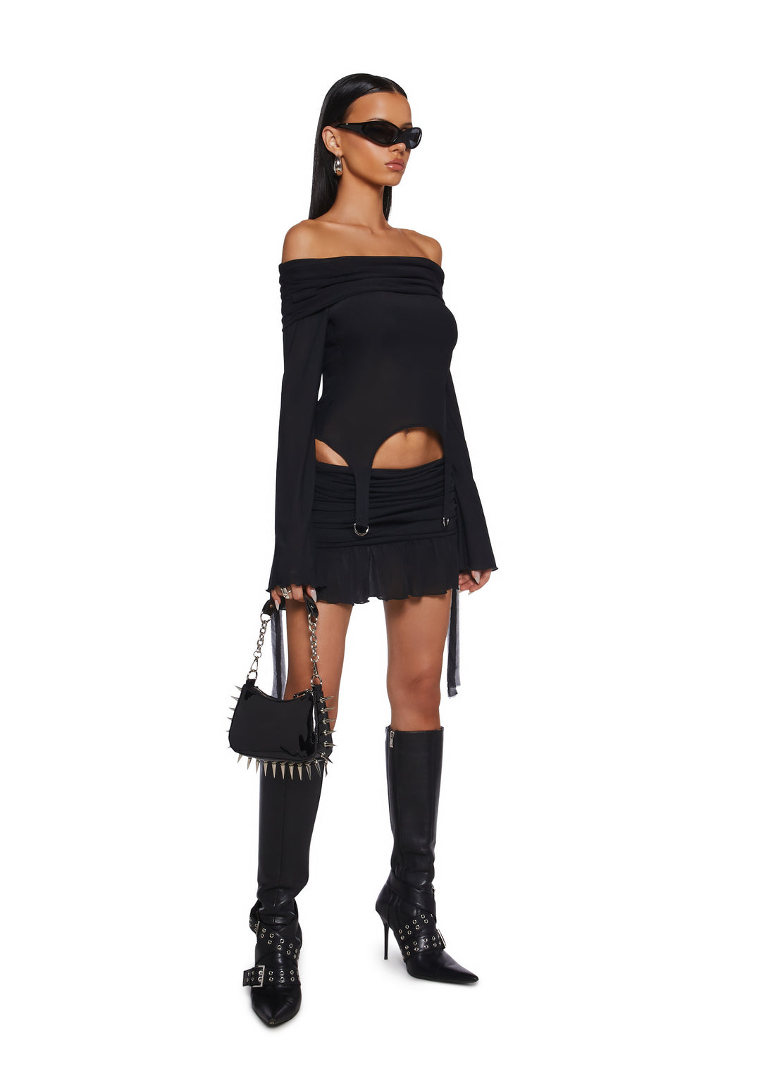 Stretchy Mesh Foldover Off-The-Shoulder Garter Long Sleeve Top Current Mood - Black - Image 6