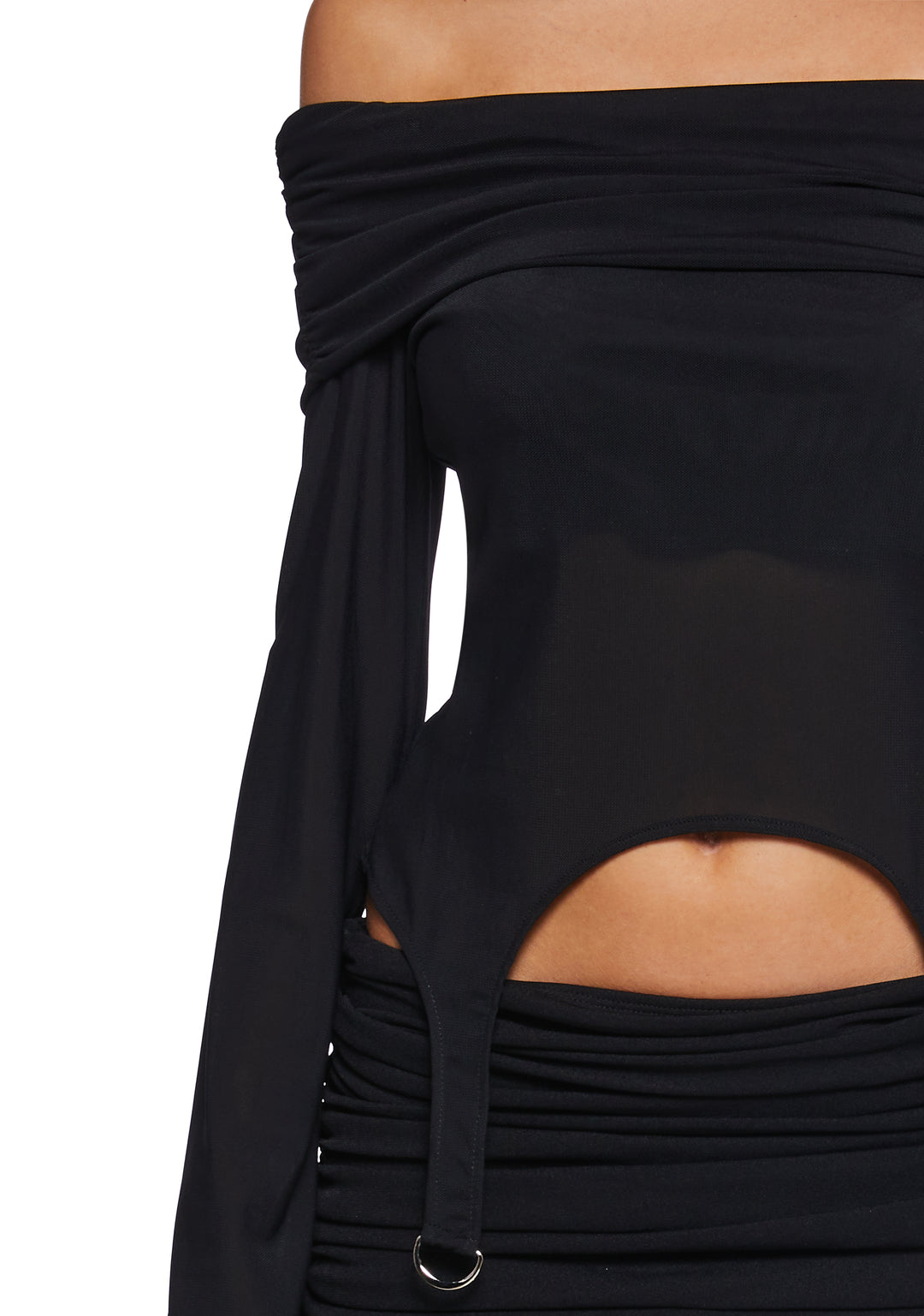 Stretchy Mesh Foldover Off-The-Shoulder Garter Long Sleeve Top Current Mood - Black - Image 5