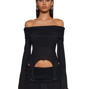 Stretchy Mesh Foldover Off-The-Shoulder Garter Long Sleeve Top Current Mood - Black