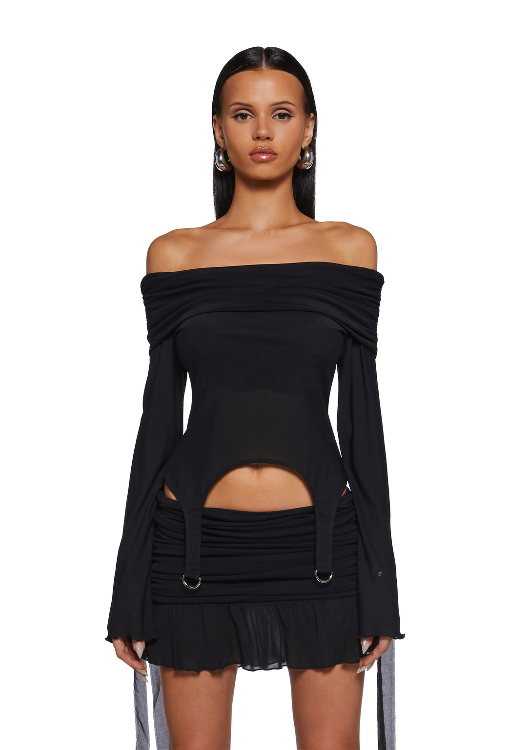 Stretchy Mesh Foldover Off-The-Shoulder Garter Long Sleeve Top Current Mood - Black
