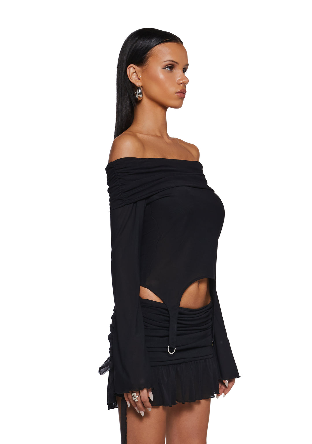 Stretchy Mesh Foldover Off-The-Shoulder Garter Long Sleeve Top Current Mood - Black - Image 3