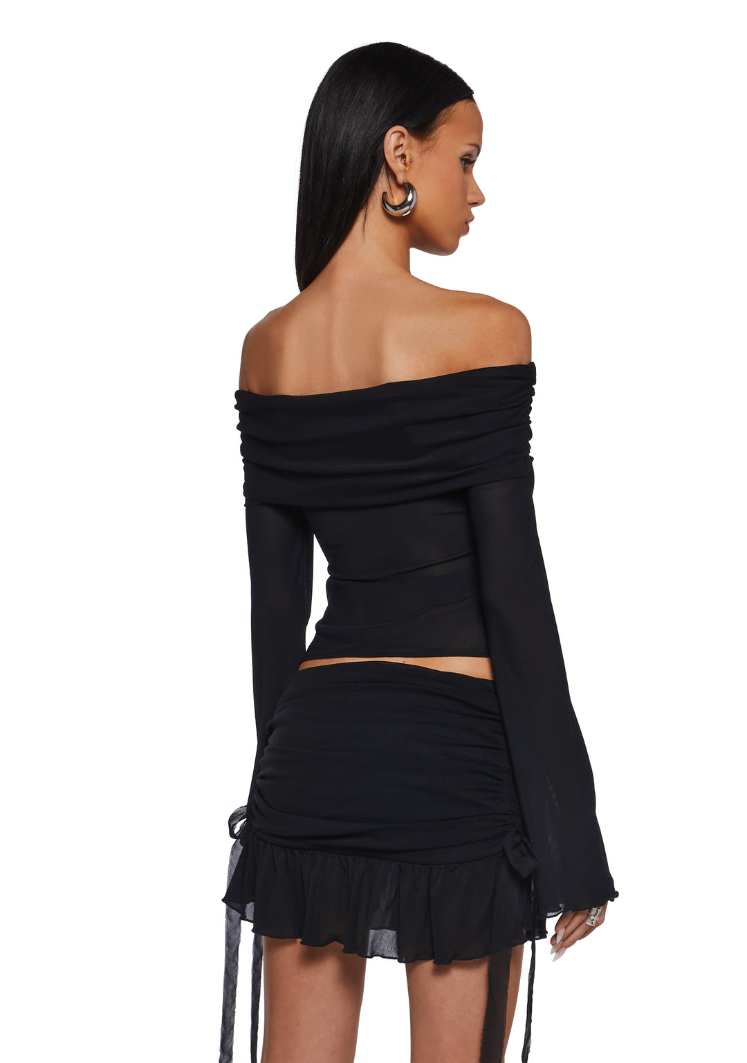 Stretchy Mesh Foldover Off-The-Shoulder Garter Long Sleeve Top Current Mood - Black - Image 4