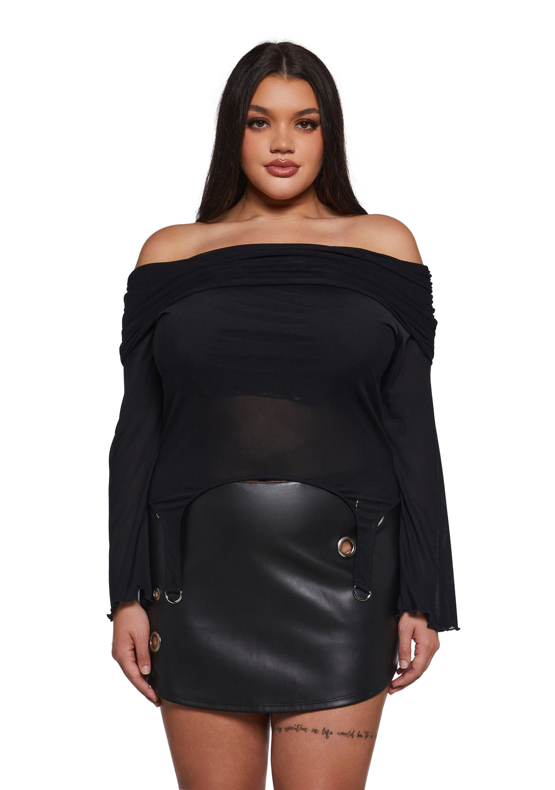 Stretchy Mesh Foldover Off-The-Shoulder Garter Long Sleeve Top Current Mood - Black - Image 2