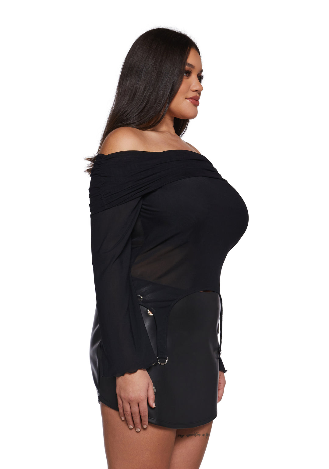 Stretchy Mesh Foldover Off-The-Shoulder Garter Long Sleeve Top Current Mood - Black - Image 7