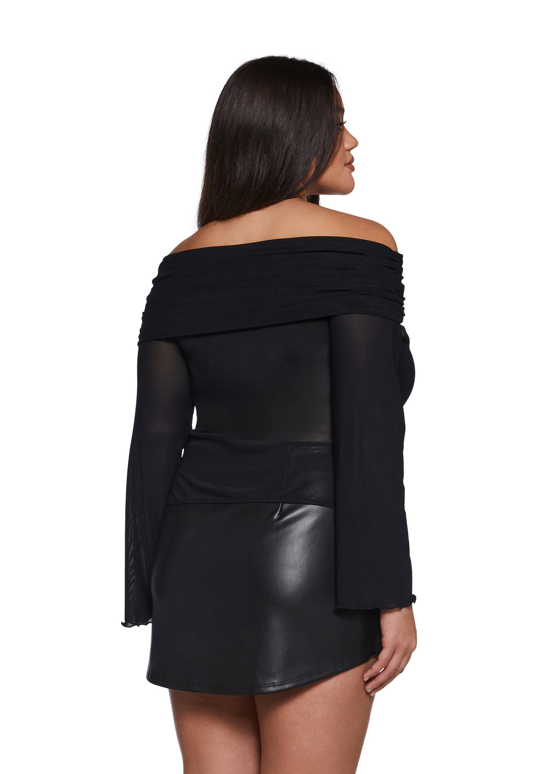Stretchy Mesh Foldover Off-The-Shoulder Garter Long Sleeve Top Current Mood - Black - Image 8