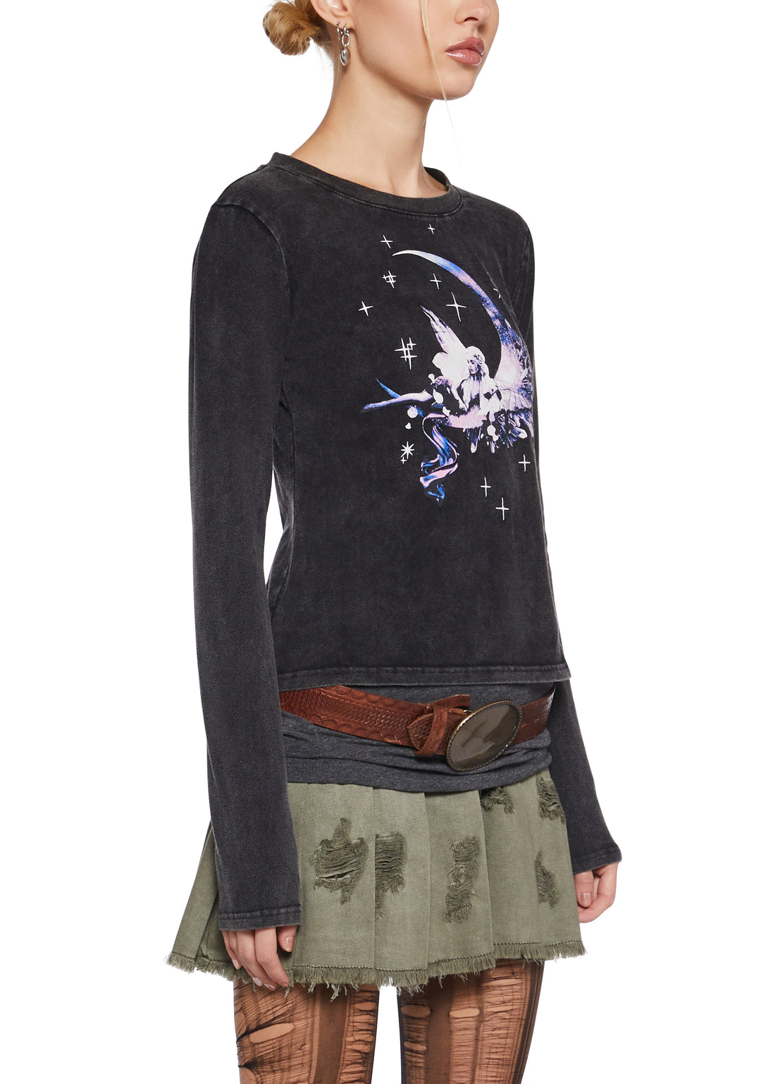 Washed Stretchy Knit Fairy Moon Graphic Long Sleeve Tee Current Mood - Black - Image 5