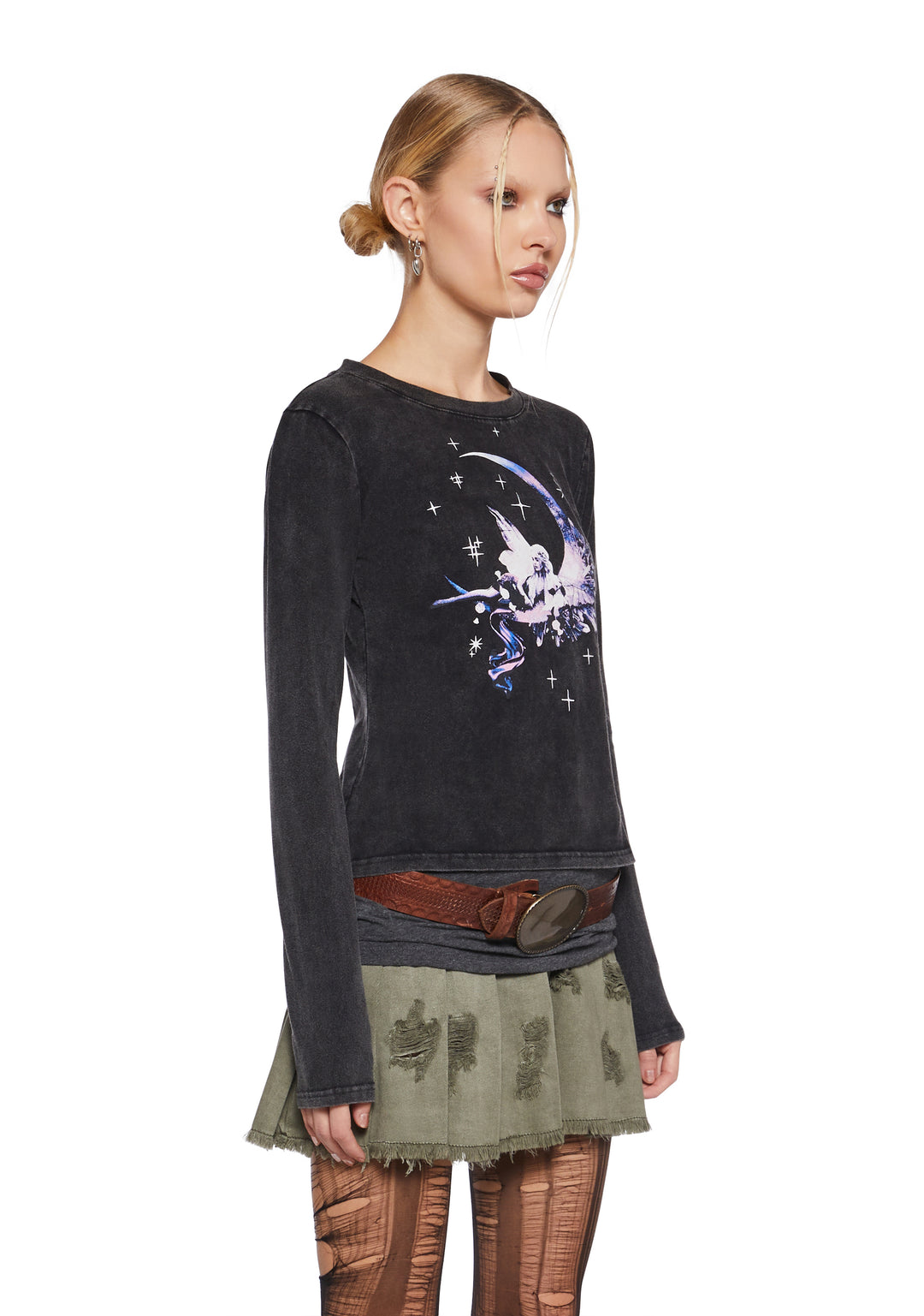 Washed Stretchy Knit Fairy Moon Graphic Long Sleeve Tee Current Mood - Black - Image 3