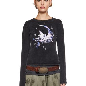 Washed Stretchy Knit Fairy Moon Graphic Long Sleeve Tee Current Mood - Black