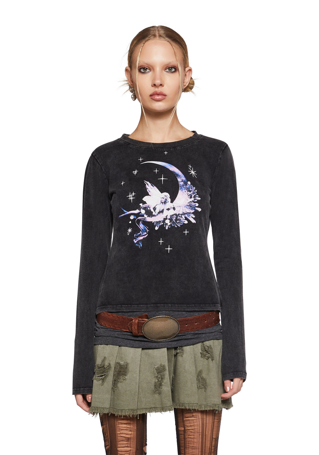Washed Stretchy Knit Fairy Moon Graphic Long Sleeve Tee Current Mood - Black