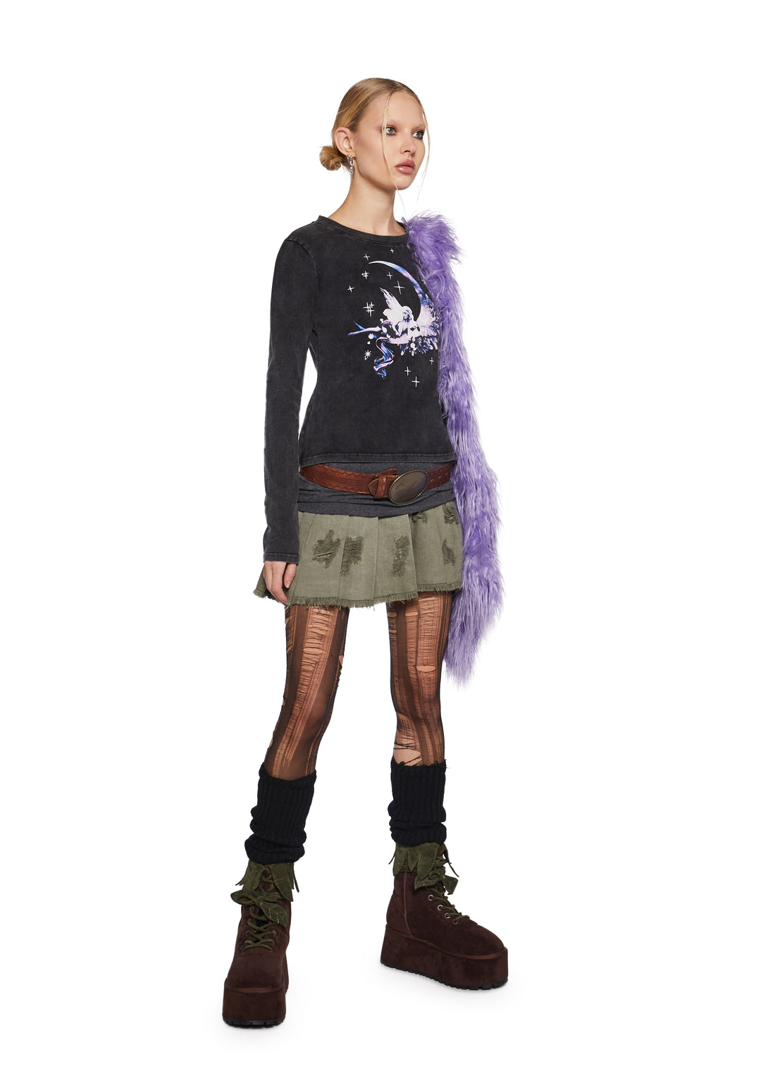 Washed Stretchy Knit Fairy Moon Graphic Long Sleeve Tee Current Mood - Black - Image 2