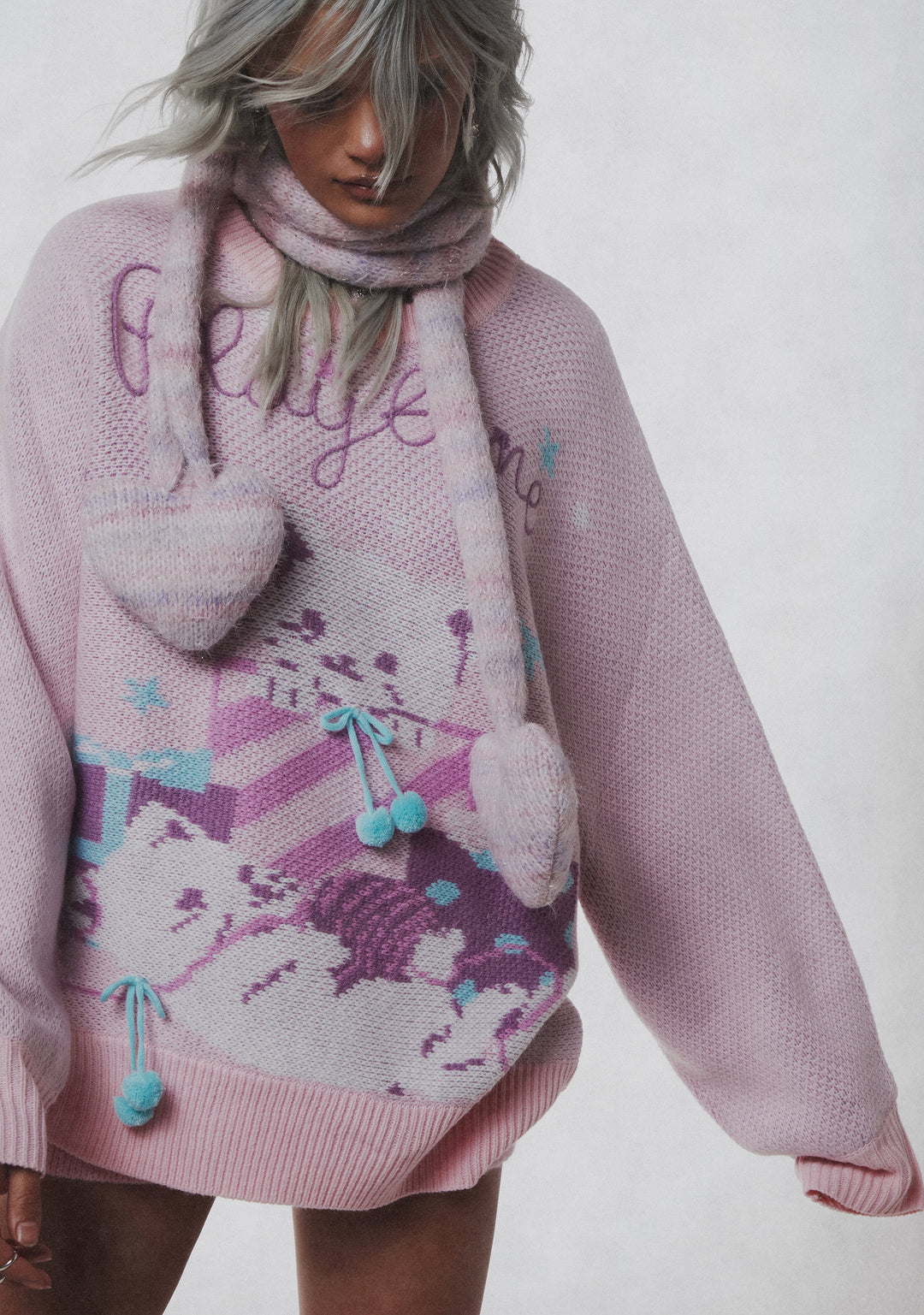 Womens Kitten Knit Sweater With Pom Poms Cutecore Sugar Thrillz - Pink - Image 11