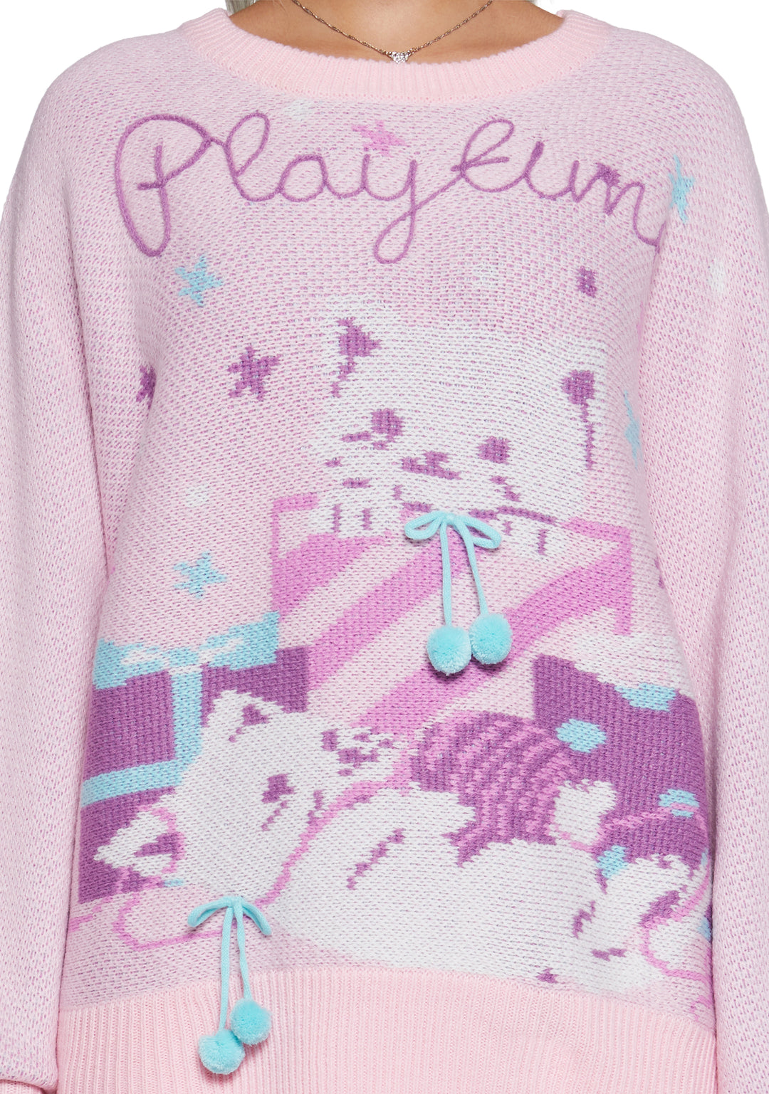 Womens Kitten Knit Sweater With Pom Poms Cutecore Sugar Thrillz - Pink - Image 5